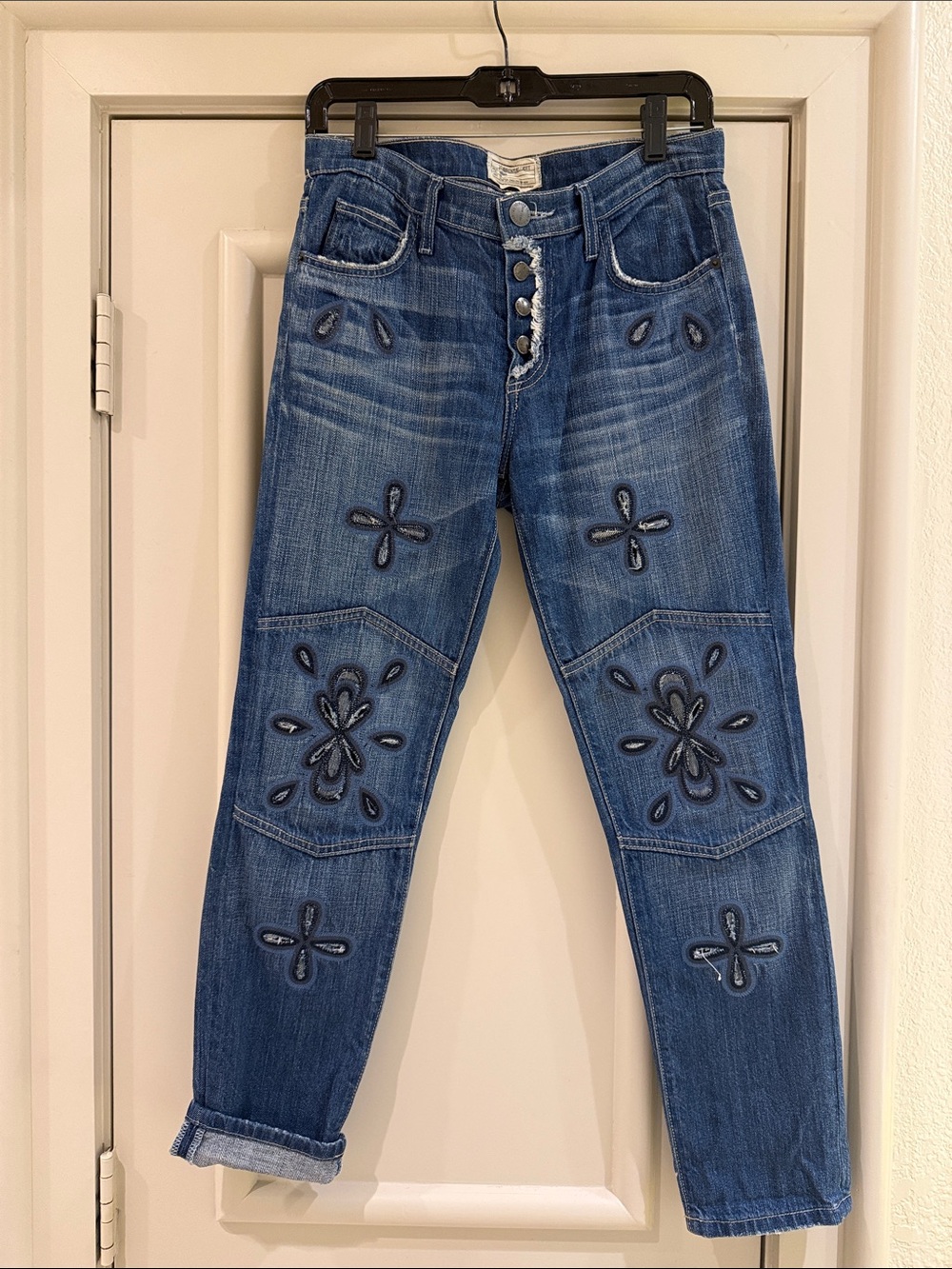 Current/Elliott Blue Embroidered Boyfriend Jeans